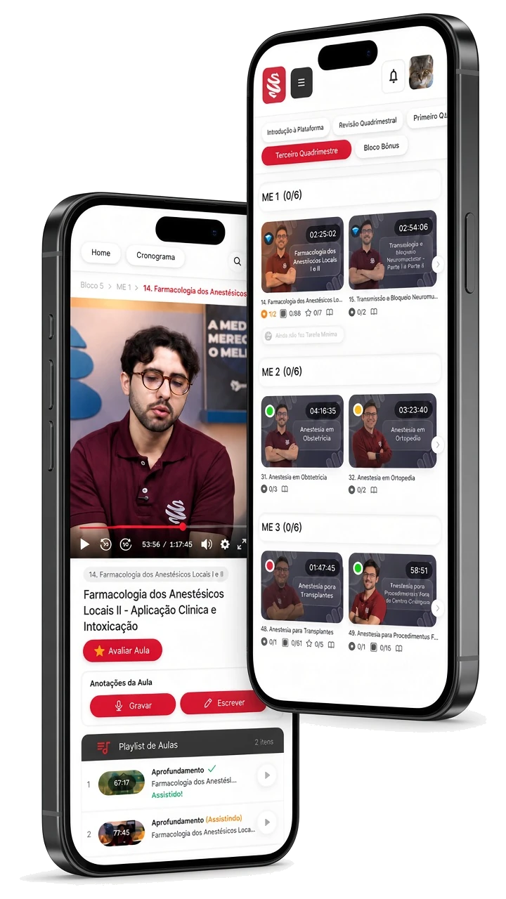 Aplicativo MedCof Anest exibindo aulas e cronograma em dois celulares