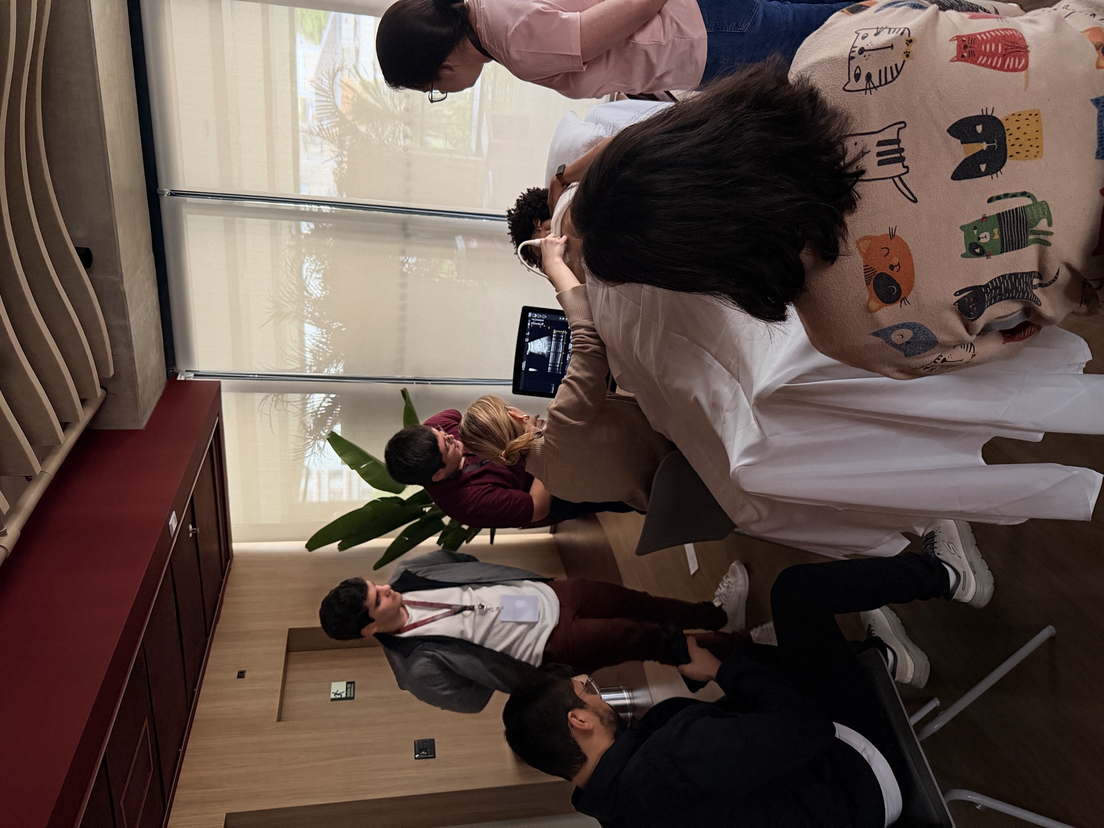 Turma reduzida do Hands On Anest US em volta da maca durante o escaneamento