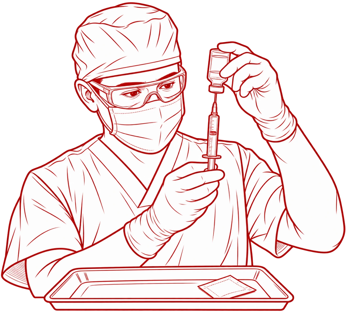 Ilustração de anestesiologista preparando uma seringa na sala cirúrgica